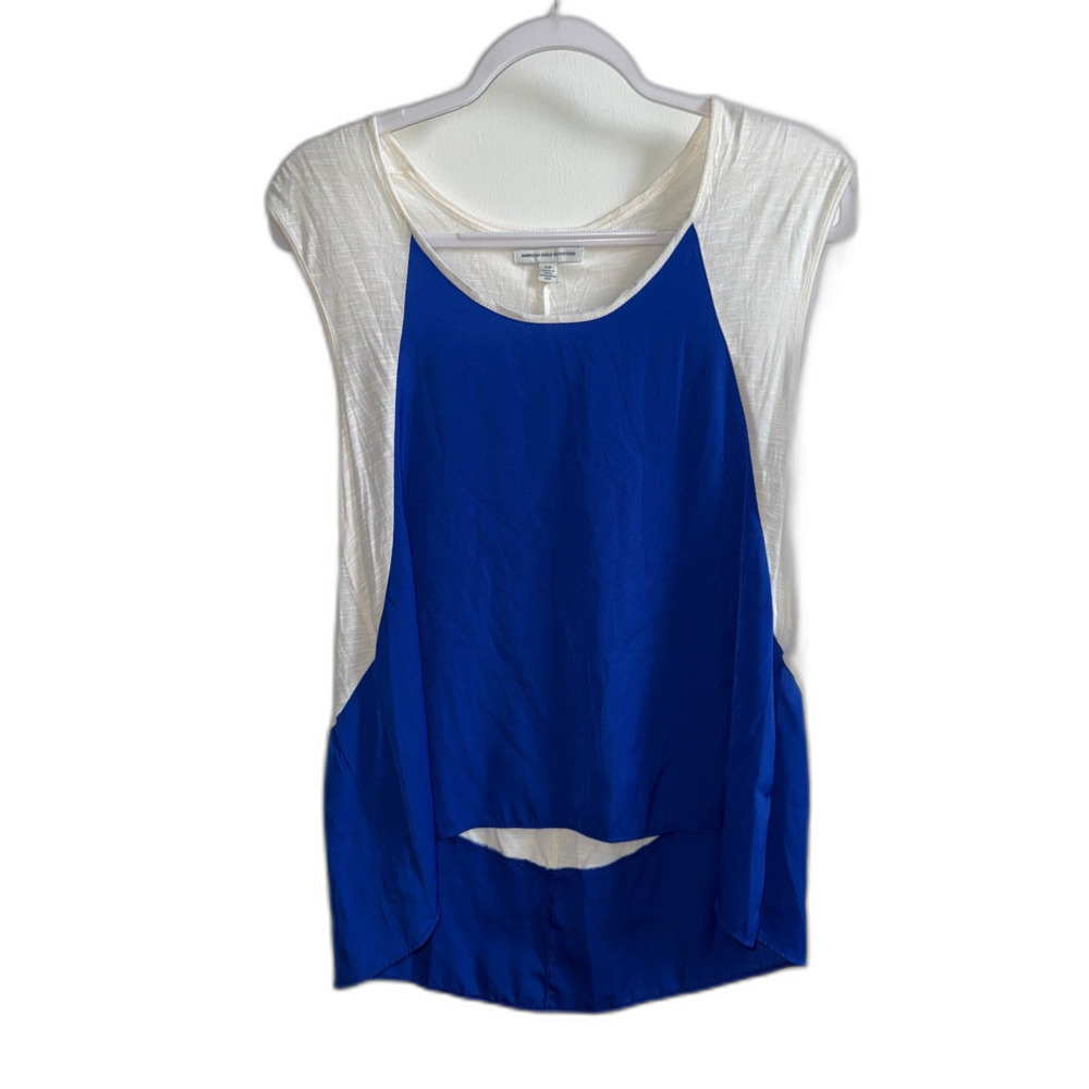 American Eagle Colorblock Mixed Media Tank Top S Royal Blue White High Low
